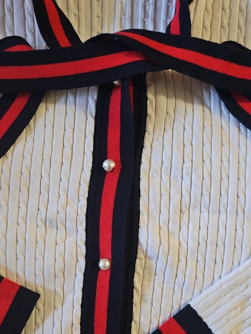 White Cable-Knit Cardigan with Navy & Red Trim - Picture 2 of 3
